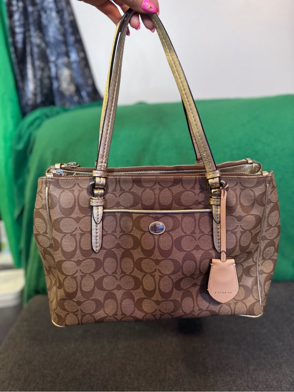 Coach Brown Signature Shoulder Tote with Pink Leather Tag